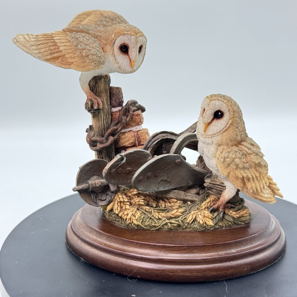 RARE Country Artists Barn Owls On Plough Porcelain Figure Hand Crafted VTG 01295